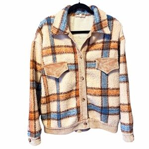 Cozy Plaid Sherpa Jacket w/ Corduroy Trim – Soft Fluffy Shacket Style (M)